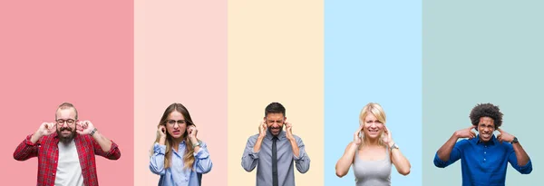 Collage Diferentes Etnias Jóvenes Sobre Rayas Coloridas Fondo Aislado Cubriendo — Foto de Stock