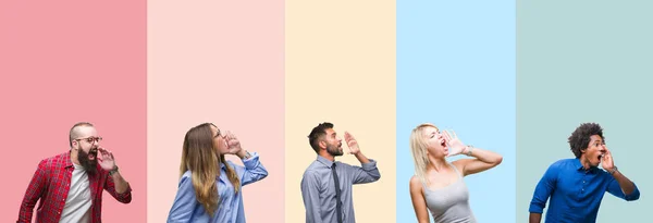 Collage Diferentes Etnias Jóvenes Sobre Rayas Colores Fondo Aislado Gritando — Foto de Stock