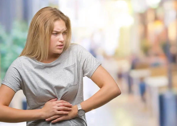 Young Caucasian Woman Isolated Background Hand Stomach Because Nausea Painful — Stock Photo, Image