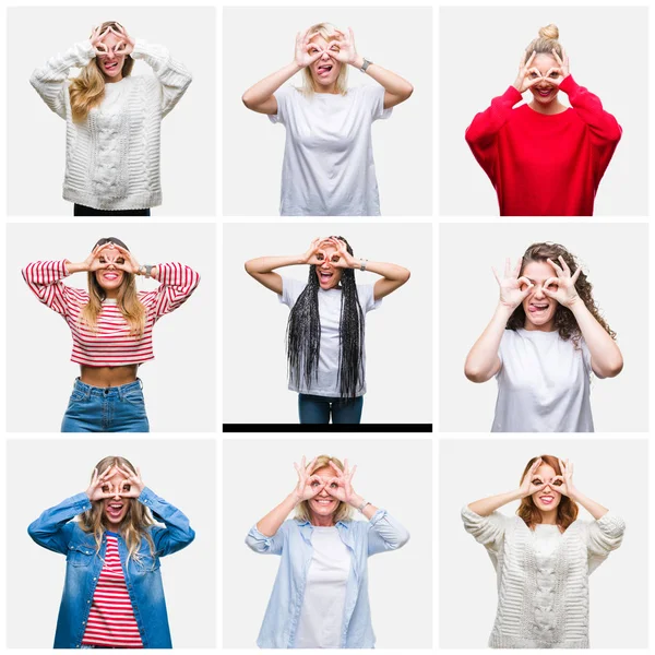 Collage Van Groep Jonge Senior Vrouwen Geïsoleerde Achtergrond Doen Gebaar — Stockfoto