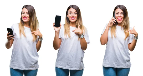 年轻美丽的女人拼贴使用智能手机在孤立的背景与惊喜的脸指向自己 — 图库照片