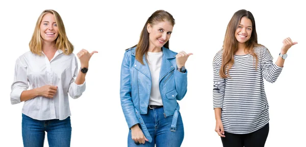 Collage Groupe Trois Belles Femmes Sur Fond Blanc Isolé Souriant — Photo