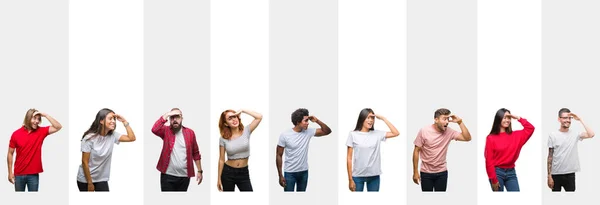 Collage Olika Etnisk Ungdomar Över Vita Ränder Isolerade Bakgrund Mycket — Stockfoto