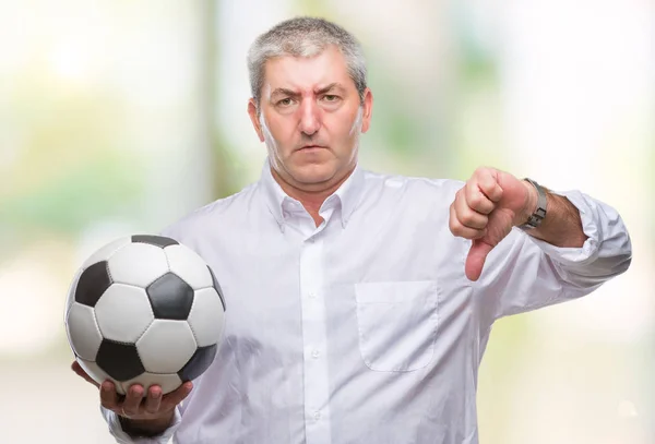 Handsome Senior Man Holding Soccer Football Ball Isolated Background Angry — Stock Photo, Image