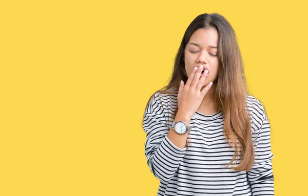 Jovem Bela Mulher Morena Vestindo Listras Suéter Sobre Fundo Isolado — Fotografia de Stock