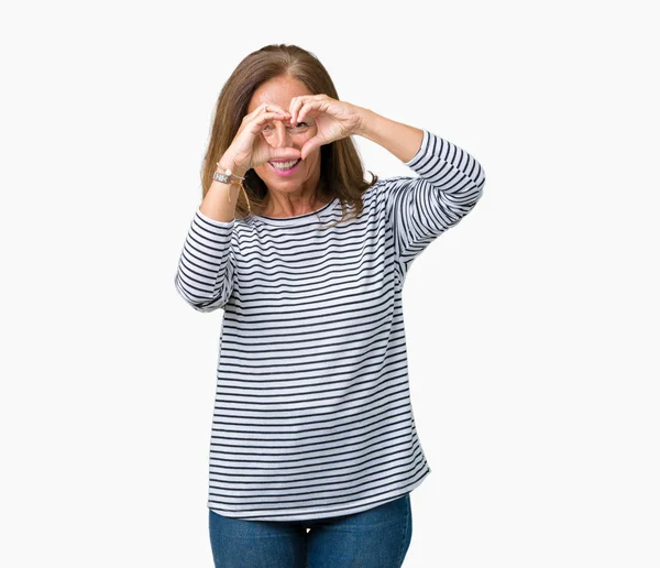 Beautiful Middle Age Woman Wearing Stripes Sweater Isolated Background Doing — Stock Photo, Image