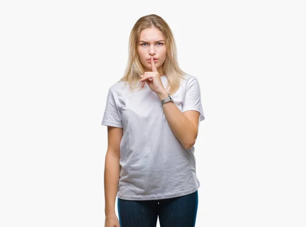 Young Caucasian Woman Isolated Background Asking Quiet Finger Lips Silence — Stock Photo, Image