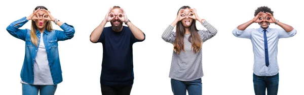 Collage Grupo Jóvenes Empresarios Sobre Fondo Aislado Haciendo Buen Gesto — Foto de Stock