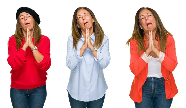 Collage Beautiful Middle Age Woman White Isolated Background Begging Praying — Stock Photo, Image