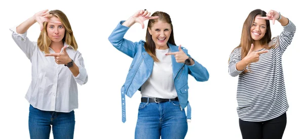 Colagem Grupo Três Mulheres Bonitas Sobre Fundo Isolado Branco Sorrindo — Fotografia de Stock