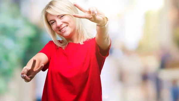 Young Beautiful Blonde Woman Wearing Red Shirt Isolated Background Smiling — Stock Photo, Image