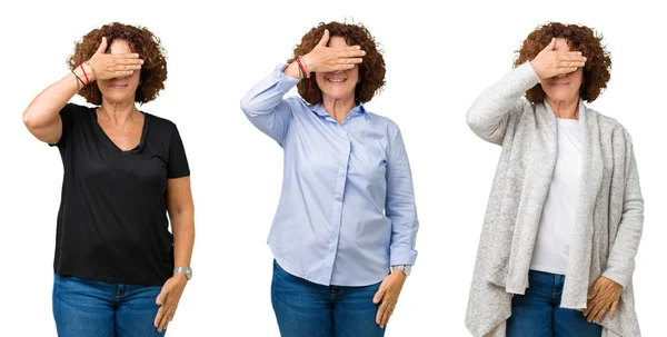 Collage Mujer Mayor Mediana Edad Sobre Fondo Blanco Aislado Sonriendo — Foto de Stock