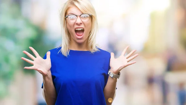 Young Beautiful Blonde Woman Wearing Glasses Isolated Background Celebrating Crazy — Stock Photo, Image