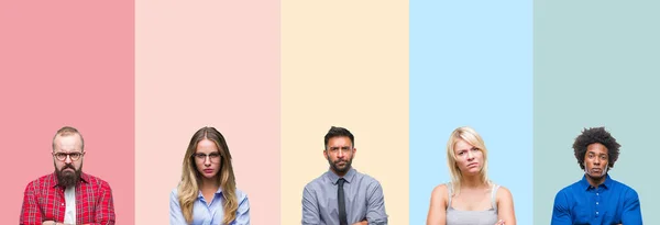 Collage Diferentes Etnias Jóvenes Sobre Rayas Colores Aislados Fondo Escéptico —  Fotos de Stock