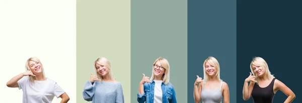 Collage Van Mooie Blonde Vrouw Groene Vintage Geïsoleerd Achtergrond Glimlachend — Stockfoto