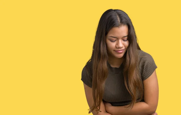 Ung Vacker Brunett Kvinna Över Isolerade Bakgrund Med Handen Magen — Stockfoto