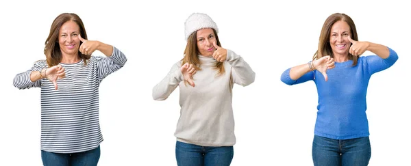 Collage Beautiful Middle Age Woman Isolated Background Doing Thumbs Disagreement — Stock Photo, Image