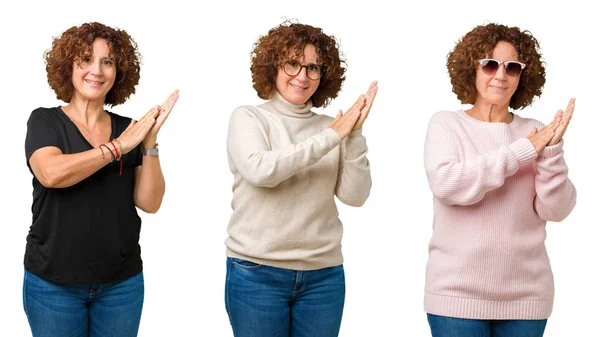 Коллаж Пожилой Женщины Среднего Возраста Белом Изолированном Фоне Хлопающие Аплодирующие — стоковое фото