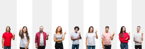 Colagem Diferentes Etnias Jovens Sobre Listras Brancas Fundo Isolado Sorrindo — Fotografia de Stock