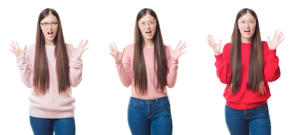 Collage Young Beautiful Chinese Woman Isolated Background Crazy Mad Shouting — Stock Photo, Image
