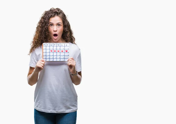 Jonge Brunette Meisje Houdt Van Menstruatie Kalender Geïsoleerde Achtergrond Bang — Stockfoto