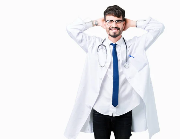 Young Doctor Man Wearing Hospital Coat Isolated Background Relaxing Stretching — Stock Photo, Image