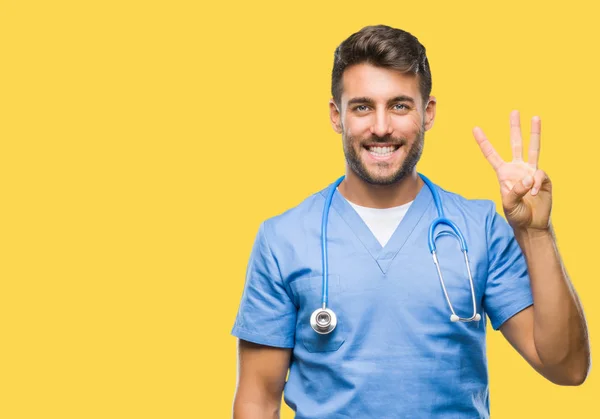 Giovane Bel Medico Chirurgo Uomo Sfondo Isolato Mostrando Indicando Con — Foto Stock