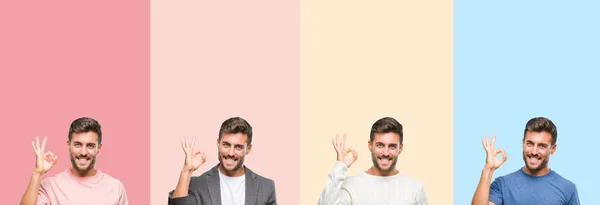 Renkli Çizgili Izole Arka Plan Parmaklar Işaretiyle Yapıyor Olumlu Gülümseyen — Stok fotoğraf