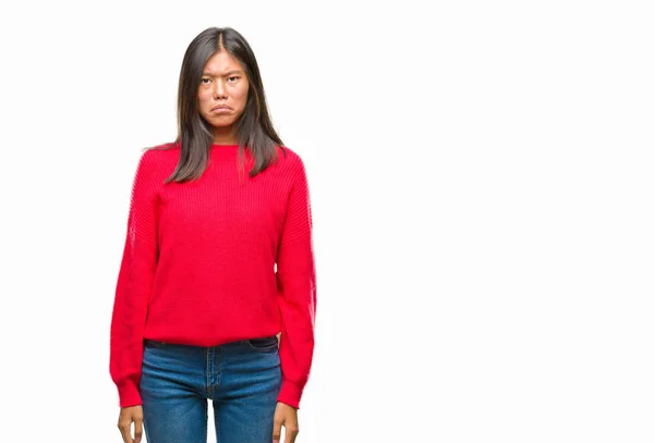 Mujer Asiática Joven Con Suéter Invierno Sobre Fondo Aislado Deprimido —  Fotos de Stock