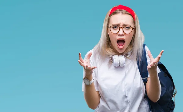 Junge Blonde Studentin Mit Brille Und Rucksack Vor Isoliertem Hintergrund — Stockfoto