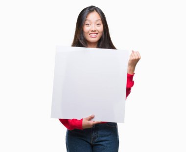 Duygu tezahürat afiş gurur çığlık ve zafer ve başarı çok heyecanlı, kutluyor izole arka plan üzerinde tutan Genç Asyalı kadın