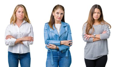 Kolaj bir grup beyaz izole arka plan şüpheci ve sinir, onaylamayan ifade yüz çapraz kolları üzerinde üç güzel kadınların. Negatif kişi.