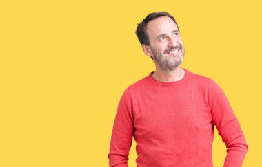 Yakışıklı orta yaş ağarmış komuta sizde görünümlü yan ve dik dik bakma uzağa düşünce gülümseyen izole arka plan üzerinde kış kazak giyiyor.