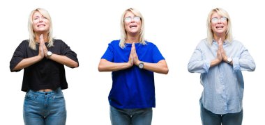 Kolaj yalvarıyor ve umut ifade yüzünde çok duygusal ve endişe ile birlikte elleriyle dua izole arka plan üzerinde güzel sarışın kadının. Bağışlanmak. Din kavramı.