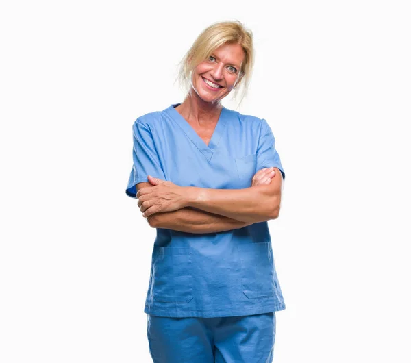 Mujer Rubia Mediana Edad Vistiendo Uniforme Enfermera Médico Sobre Fondo —  Fotos de Stock
