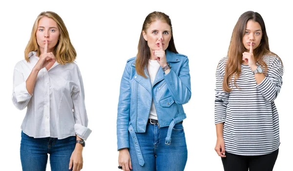 Collage Groupe Trois Belles Femmes Sur Fond Blanc Isolé Demandant — Photo