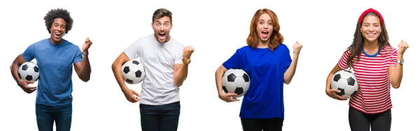 Collage People Holding Football Soccer Ball Isolated Background Screaming Proud — Stock Photo, Image