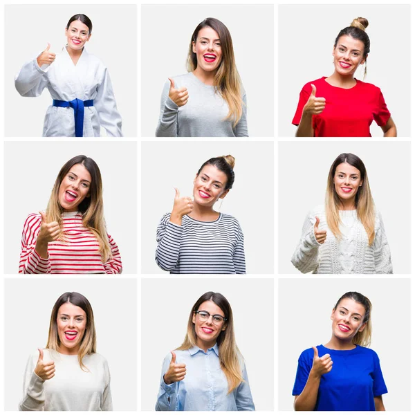 Collage Van Jonge Mooie Vrouw Geïsoleerde Achtergrond Gelukkig Duimschroef Opwaarts — Stockfoto