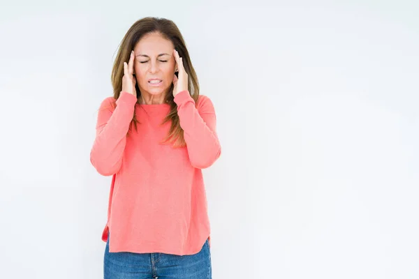 Schöne Frau Mittleren Alters Über Isolierten Hintergrund Mit Der Hand — Stockfoto