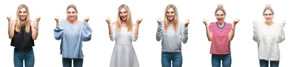 Collage Einer Jungen Schönen Blonden Frau Vor Isoliertem Hintergrund Die — Stockfoto