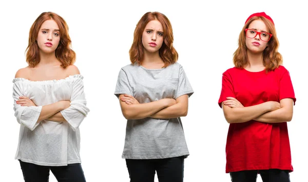 Collage Young Beautiful Redhead Woman Isolated Background Skeptic Nervous Disapproving — Stock Photo, Image