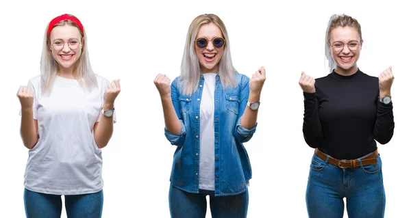 Collage Einer Schönen Blonden Jungen Frau Mit Brille Vor Isoliertem — Stockfoto