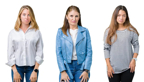 Collage Groupe Trois Belles Femmes Sur Fond Blanc Isolé Déprimé — Photo