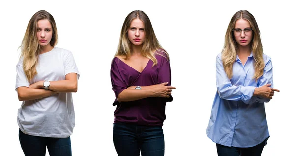 Collage Ung Smuk Blond Kvinde Isoleret Baggrund Skeptisk Nervøs Misbilligende - Stock-foto
