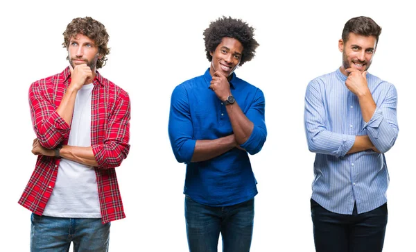 Collage Van Groep Afrikaanse Amerikaanse Latino Mannen Geïsoleerde Achtergrond Zoek — Stockfoto