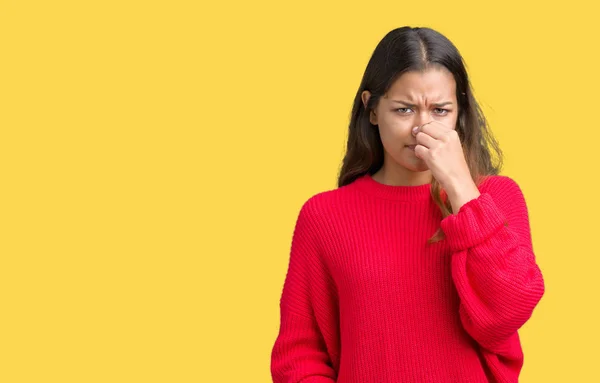 Junge Schöne Brünette Frau Rotem Winterpullover Über Isoliertem Hintergrund Die — Stockfoto