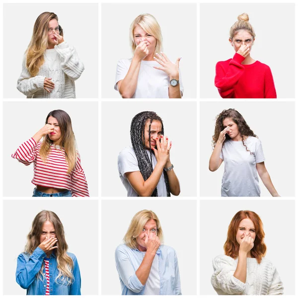 Collage Van Groep Jonge Senior Vrouwen Geïsoleerde Achtergrond Iets Ruiken — Stockfoto