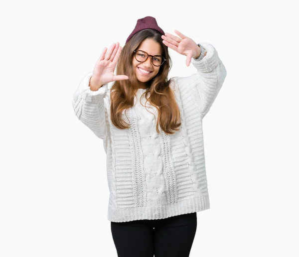 Young Beautiful Brunette Hipster Woman Wearing Glasses Winter Hat Isolated — Stock Photo, Image