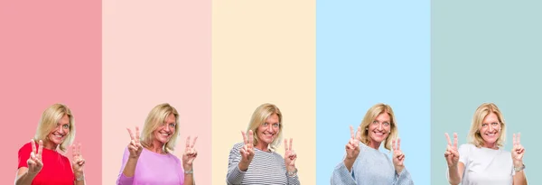 勝利のサインをやって指を表示するカメラを笑みを浮かべてカラフルなストライプ孤立した背景の上中年年配の美しい女性のコラージュ — ストック写真