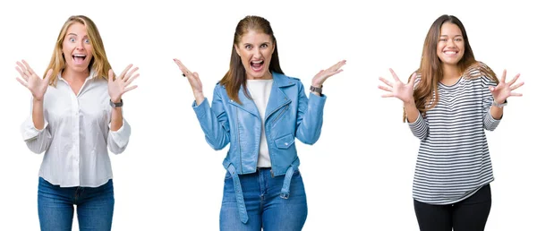 Collage Van Groep Drie Mooie Vrouwen Witte Geïsoleerde Achtergrond Vieren — Stockfoto